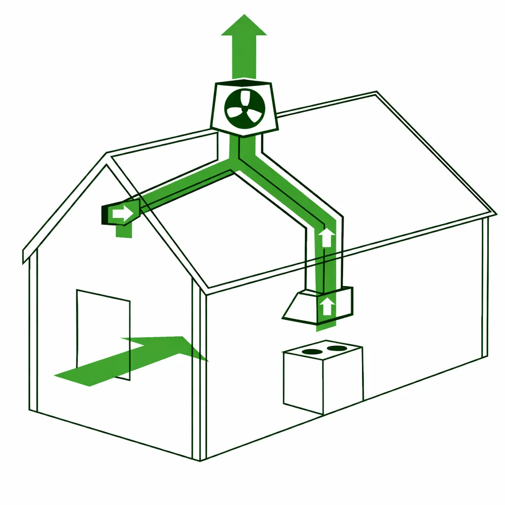 Illustration av ett mekaniskt frånluftssystem i en villa, där luften sugs ut utan värmeåtervinning