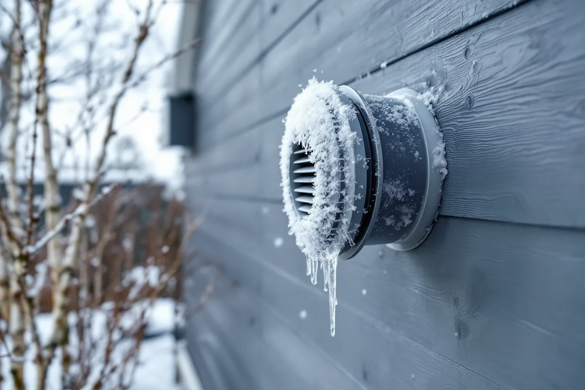 Frostigt uteluftsintag med istappar på en gråmålad träfasad en snöig vinterdag