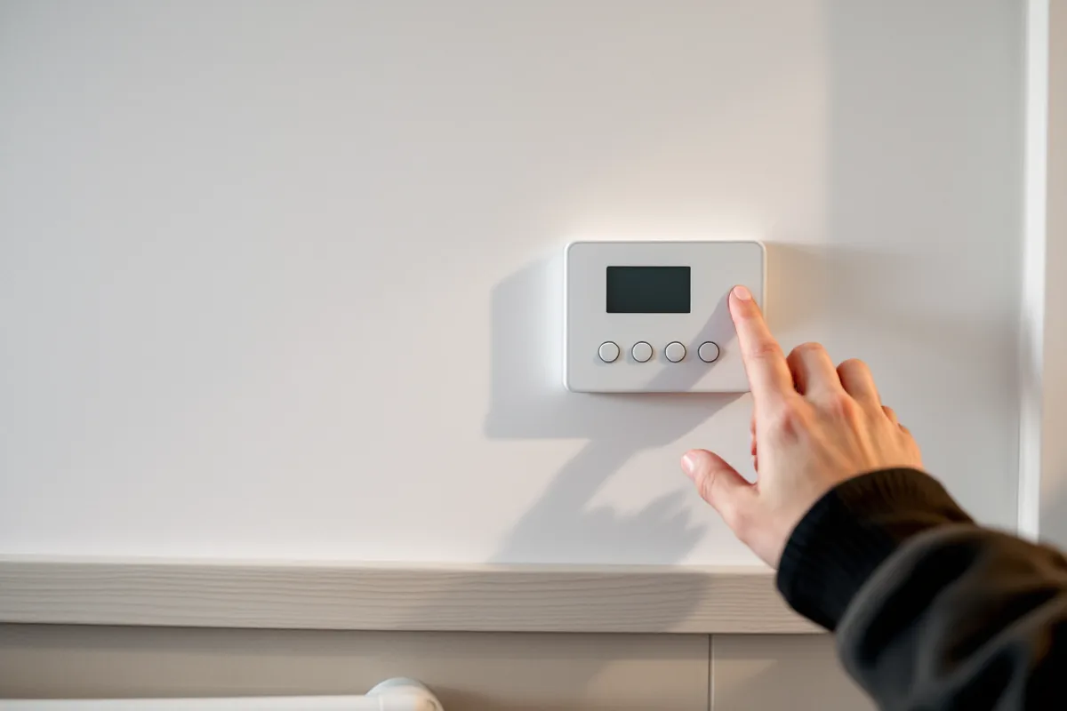 Hand som trycker på en knapp på en vit styrpanel för ventilationen i en hall
