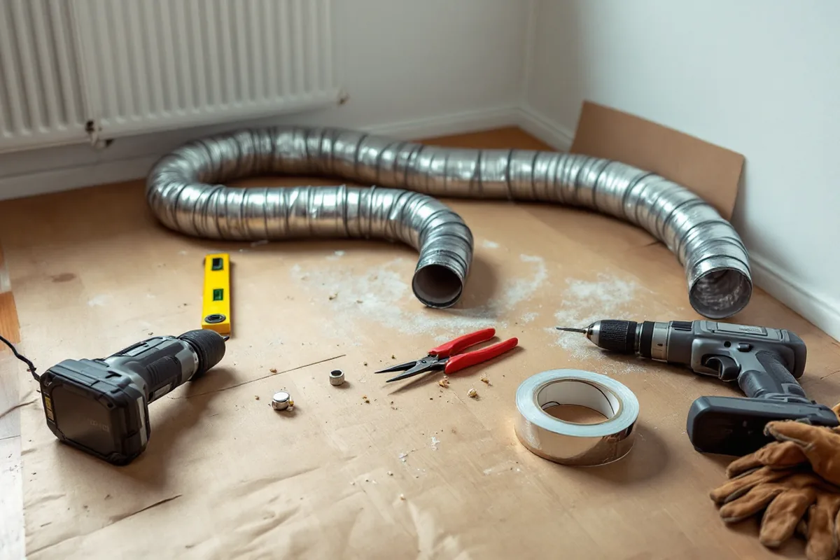 Kanaldelar, skruvdragare och aluminiumtejp på ett dammigt golv under en pågående installation