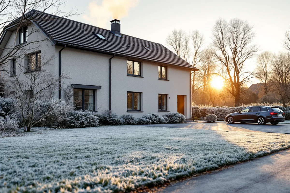 Putsad villa en frostig höstmorgon där en tunn ångplym stiger ur takhuven i morgonsolen