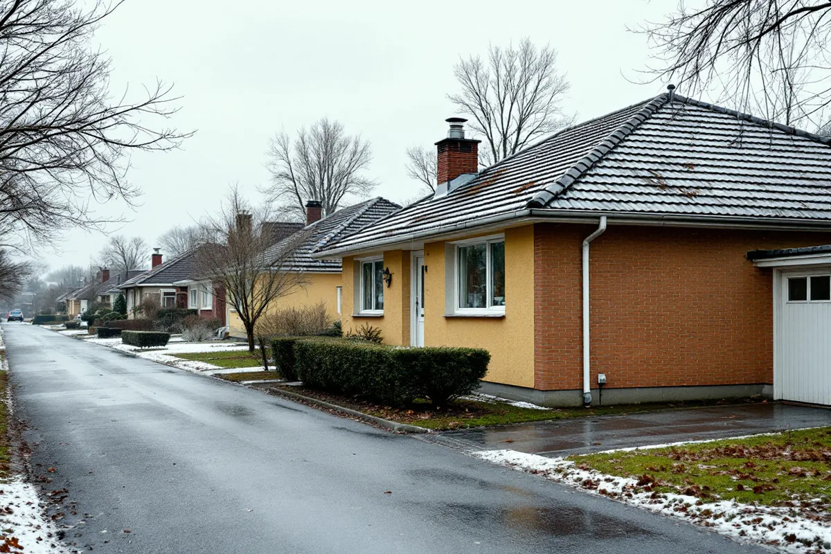Gata med enplansvillor från 70-talet en grå höstdag, tegelfasader och flacka plåttak