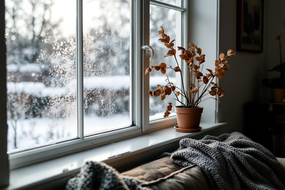 Spröjsat vitt fönster med rimfrost i rutans hörn och snö i trädgården utanför